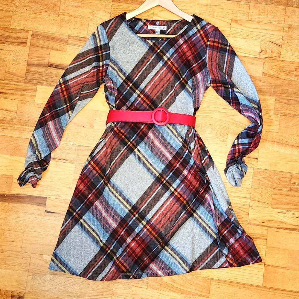Madison Leigh Tartan Plaid Pattern Belt Dress Women 10 Red Brown Blue Polyester